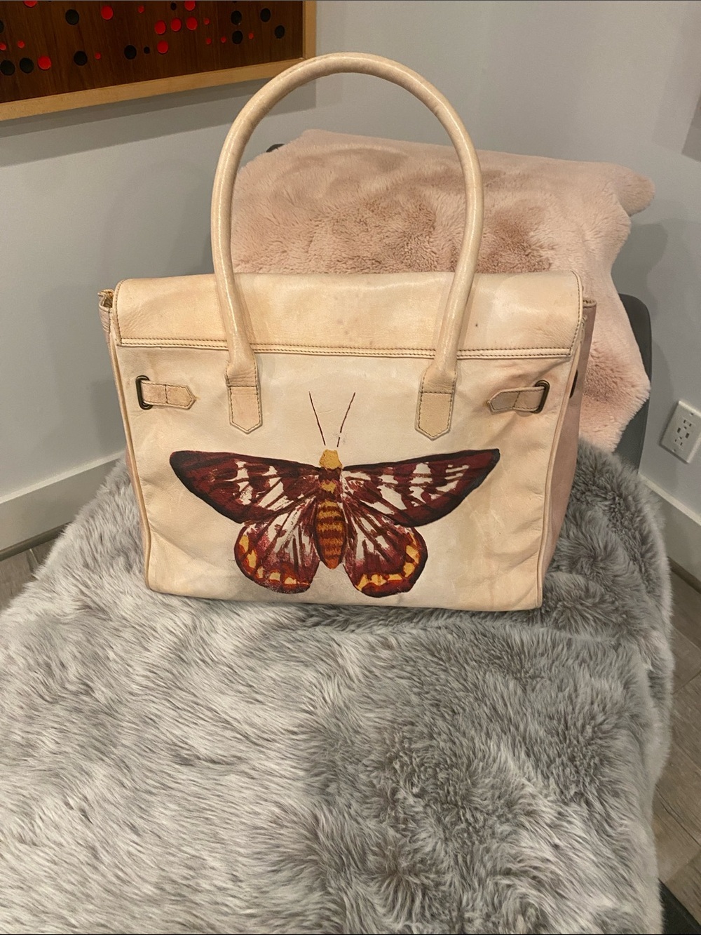 Free People Cream Leather Satchel with Hand-Painted Butterfly Motif